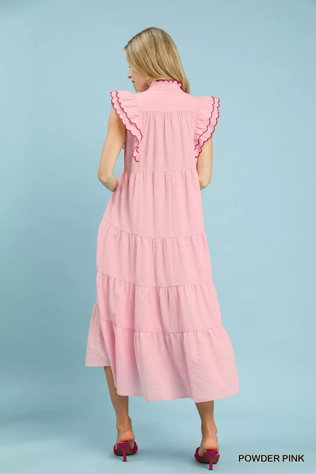 Seersucker Ruffle Sleeve Tiered Midi Dress - alternate view 4