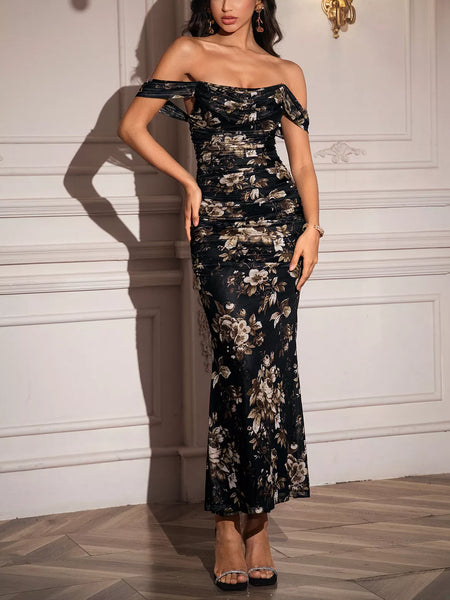 Off-Shoulder Ruched Floral Mermaid Dress - alternate view 9