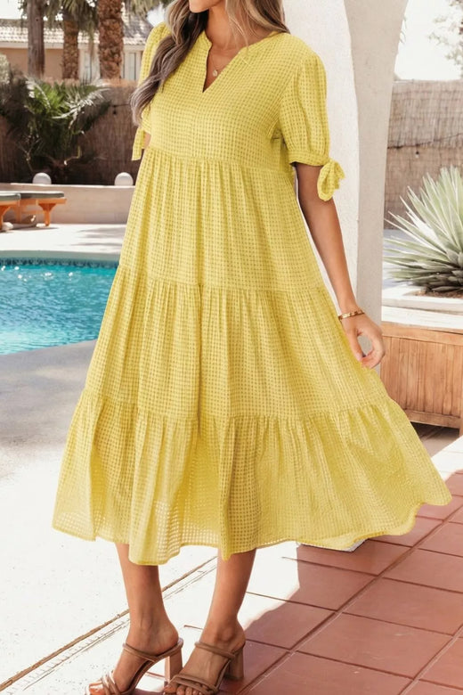 Gingham Textured Bow Tie Short Sleeve Tiered Midi Dress - alternate view 4