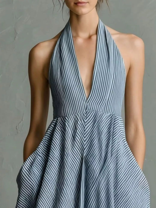 Striped Halter Neck Maxi Dress with Pockets - alternate view 5
