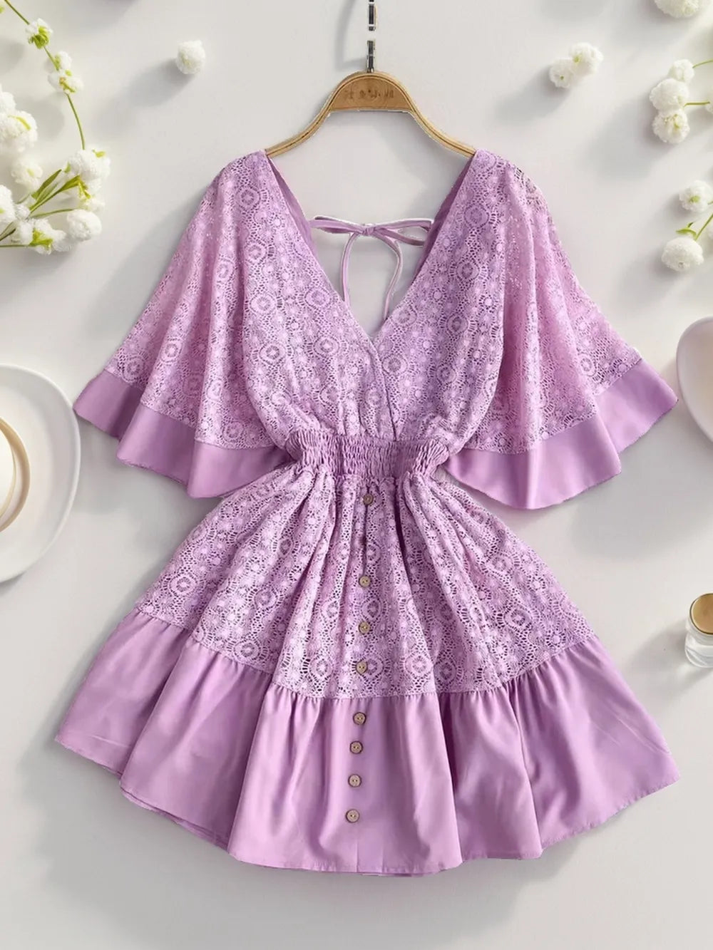 Ruffle Hem Tie Back Lace Mini Dress - alternate view 10
