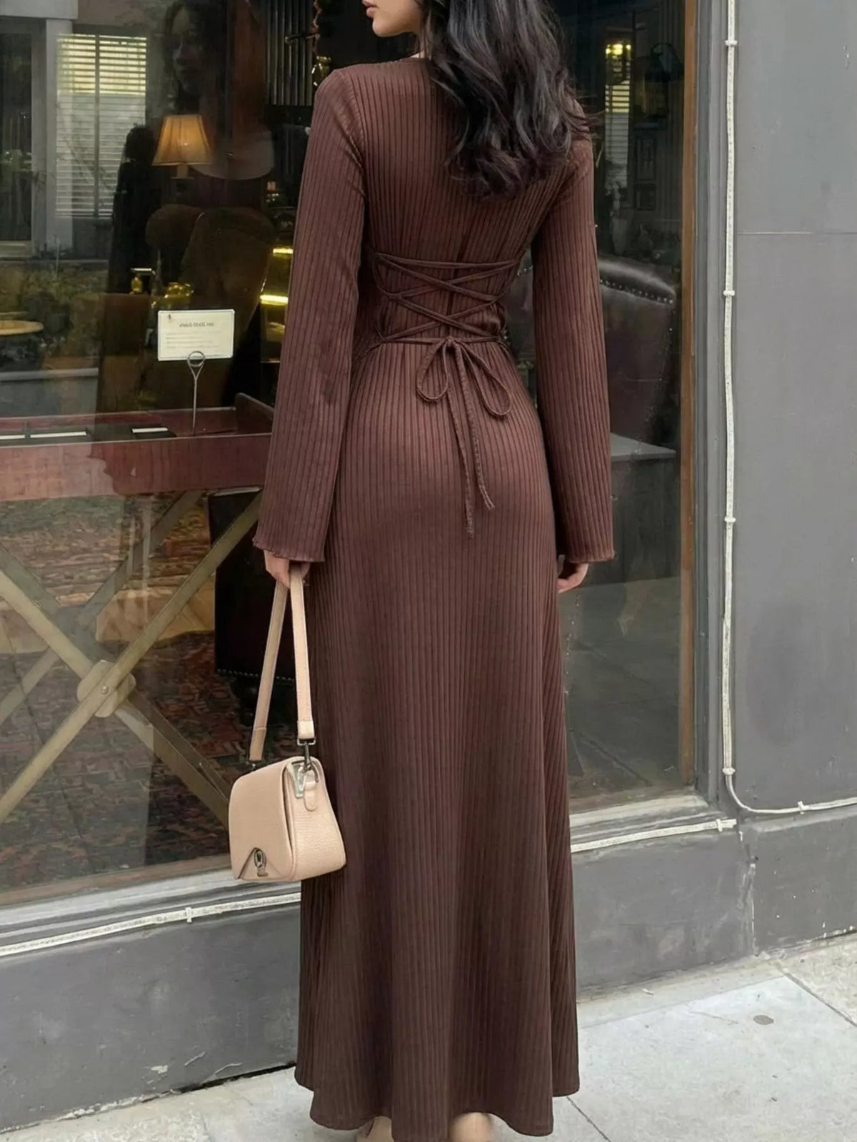 Elegant Ribbed Knit Long Sleeve Maxi Dress - alternate view 1