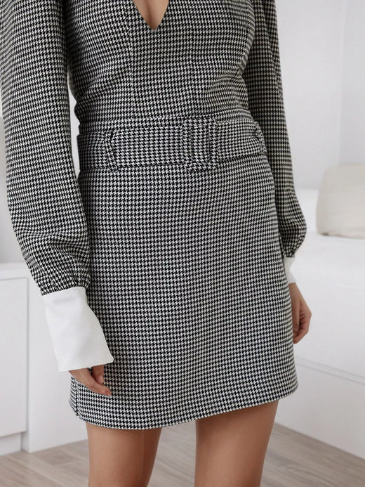 Contrast Collar Houndstooth Mini Dress - alternate view 2