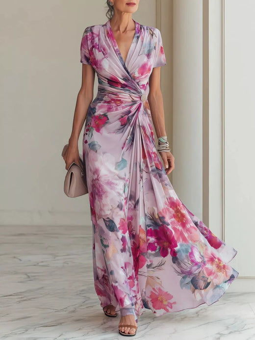 Floral Print Ruched Short Sleeve Maxi Dress