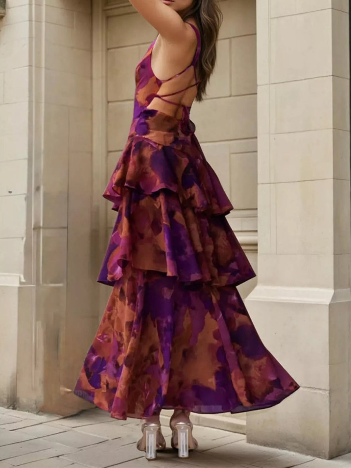 Floral V-Neck Ruffle Layered Maxi Dress - alternate view 2
