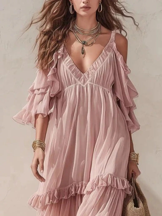 Cold-Shoulder Ruffled Maxi Dress - alternate view 2