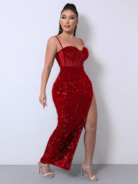 Sequin Spliced Mesh Adjustable Strap Dress - alternate view 9