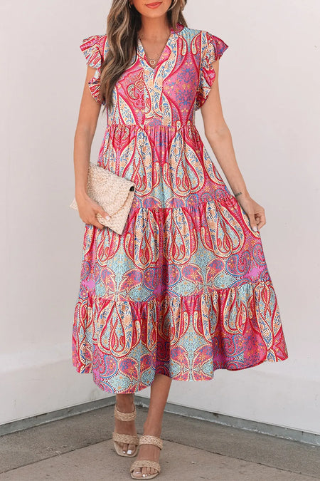 Tribal Paisley Print Ruffled Sleeve Notch Neck Midi Dress