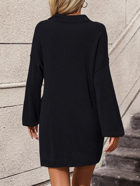 Collared Neck Long Sleeve Sweater Dress with Pockets - alternate view 12