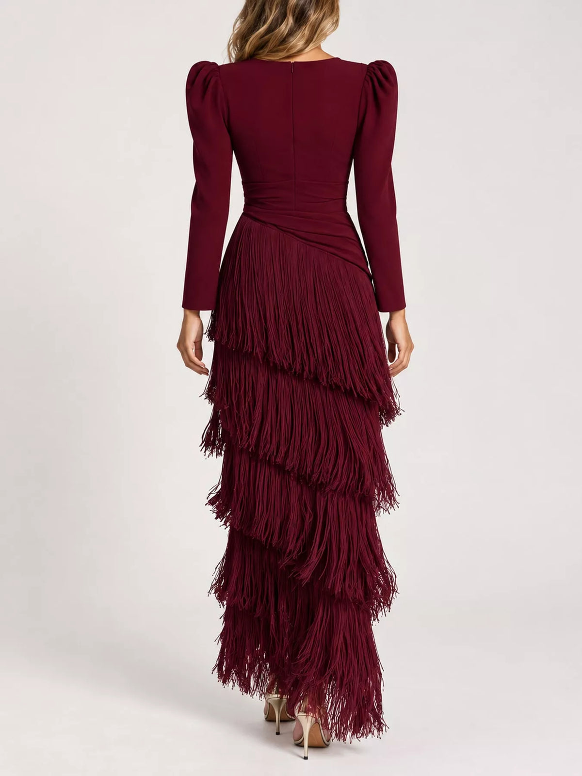 Fringed V-Neck Puff Sleeve Maxi Dress - alternate view 25