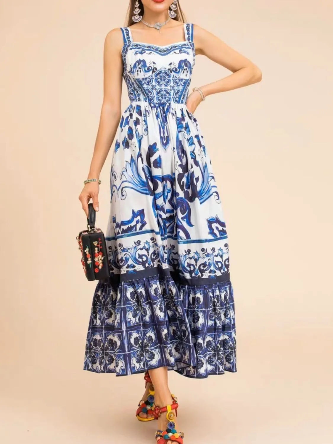 Smocked Printed Wide Strap Dress - alternate view 4