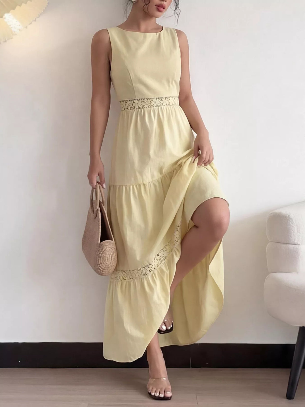 Sleeveless Tiered Lace Trim Maxi Dress - alternate view 2