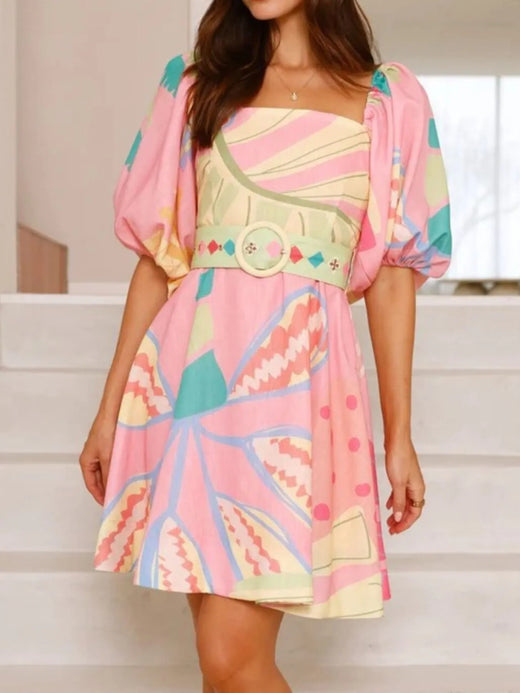 Printed Square Neck Puff Sleeve Dress - alternate view 4