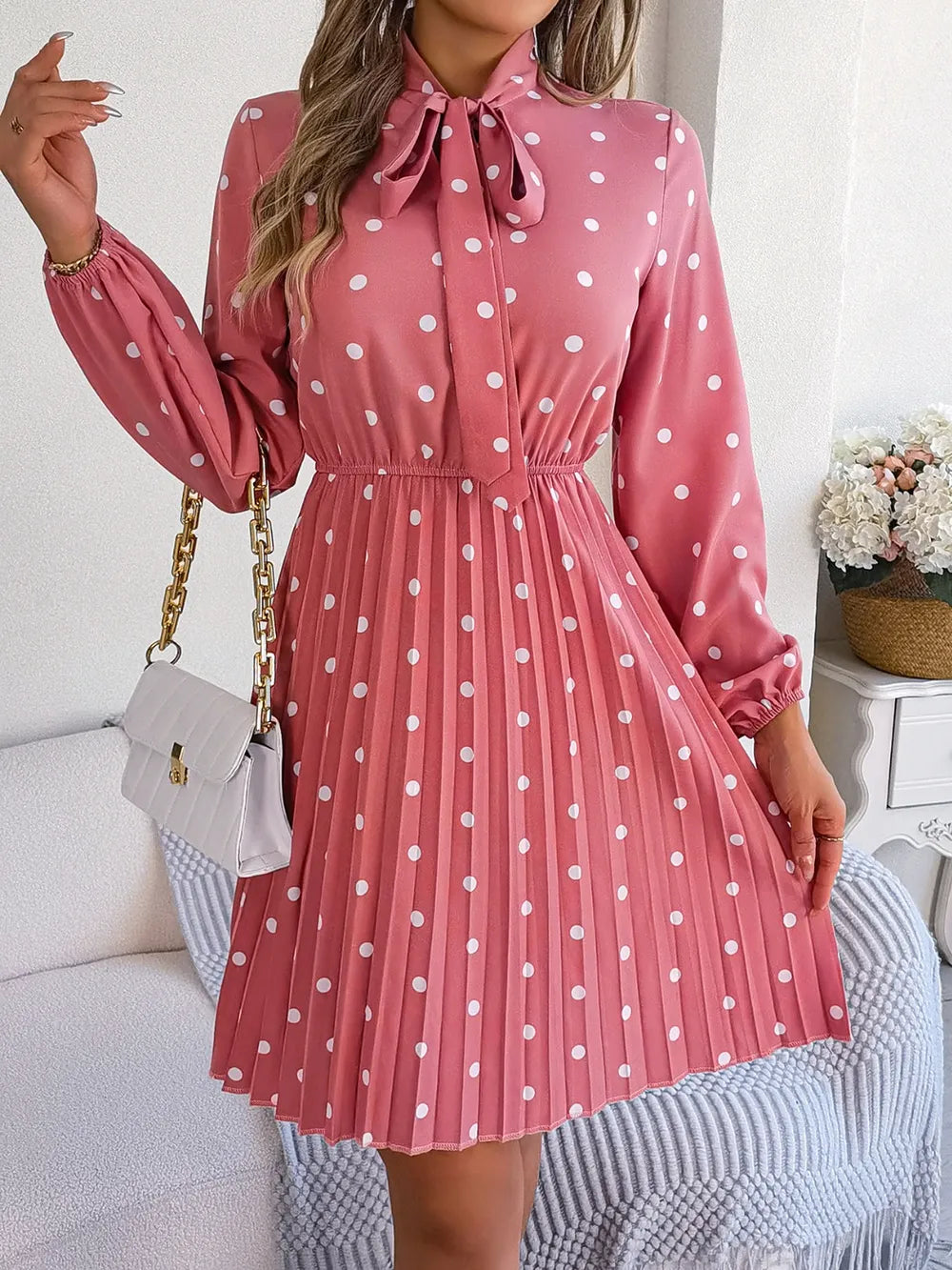 Polka Dot Tie Neck Pleated Dress - alternate view 6
