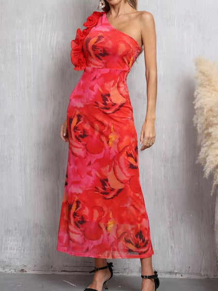 Floral Print One Shoulder Ruffle Trim Dress - alternate view 3