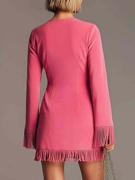 Boho Chic Fringed Suede V-Neck Mini Dress - alternate view 4