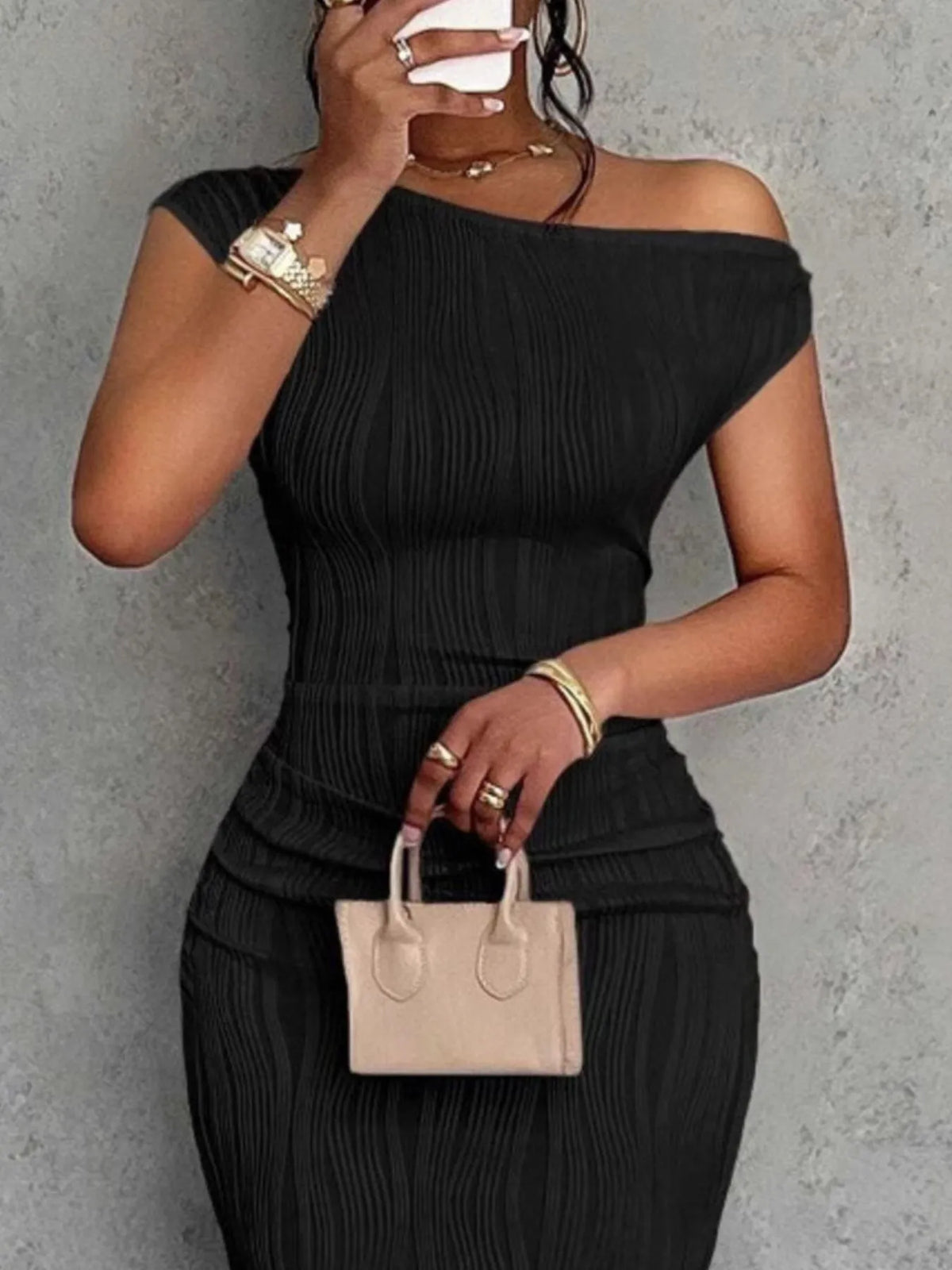 Textured Single Shoulder Bodycon Maxi Dress - alternate view 3