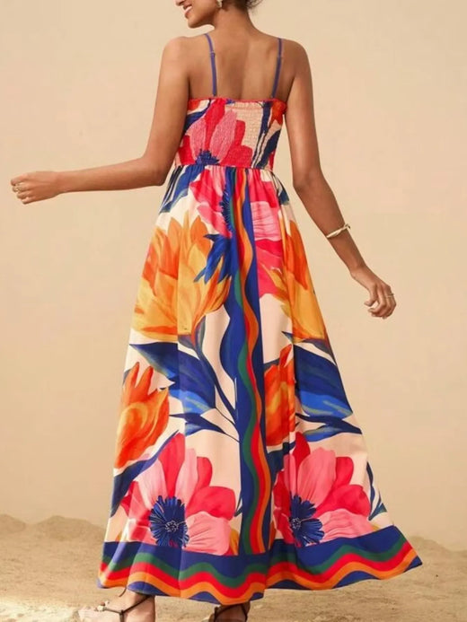 Smocked Printed Spaghetti Strap Maxi Summer Dress - alternate view 3