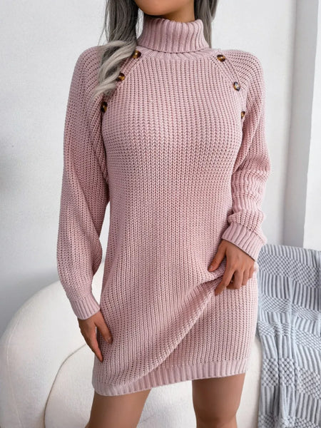 Decorative Button Turtleneck Sweater Dress - alternate view 2