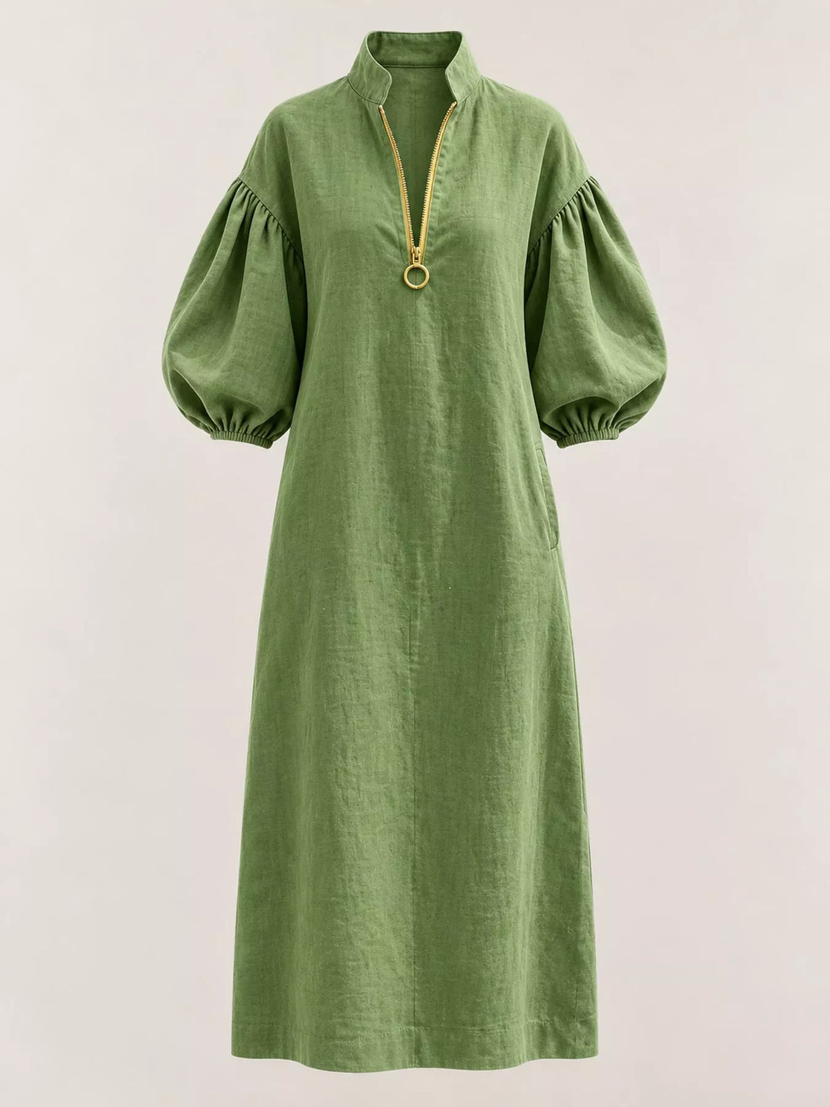 Half-Zip Puff Sleeve Midi Dress - alternate view 13