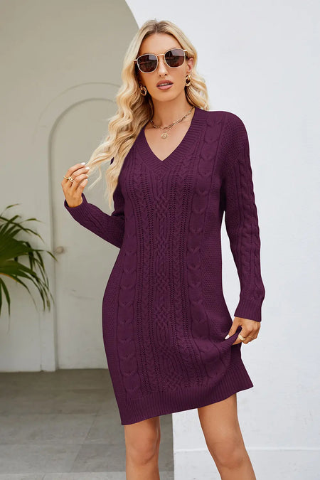 Cable-Knit Long Sleeve Sweater Dress - alternate view 8