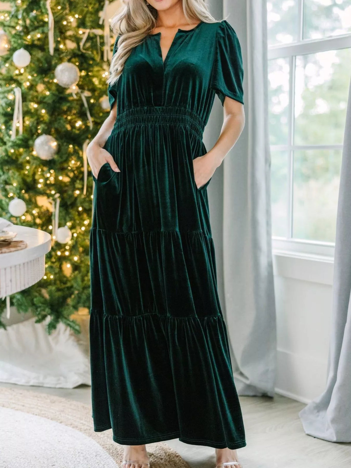 Velvet Tiered Short Sleeve Maxi Dress - alternate view 2