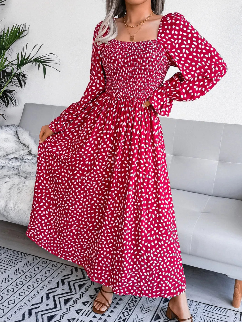 Smocked Square Neck Flounce Sleeve Dress - alternate view 8