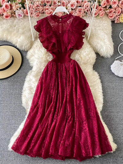 Ruffled Mock Neck Lace Maxi Dress - alternate view 20