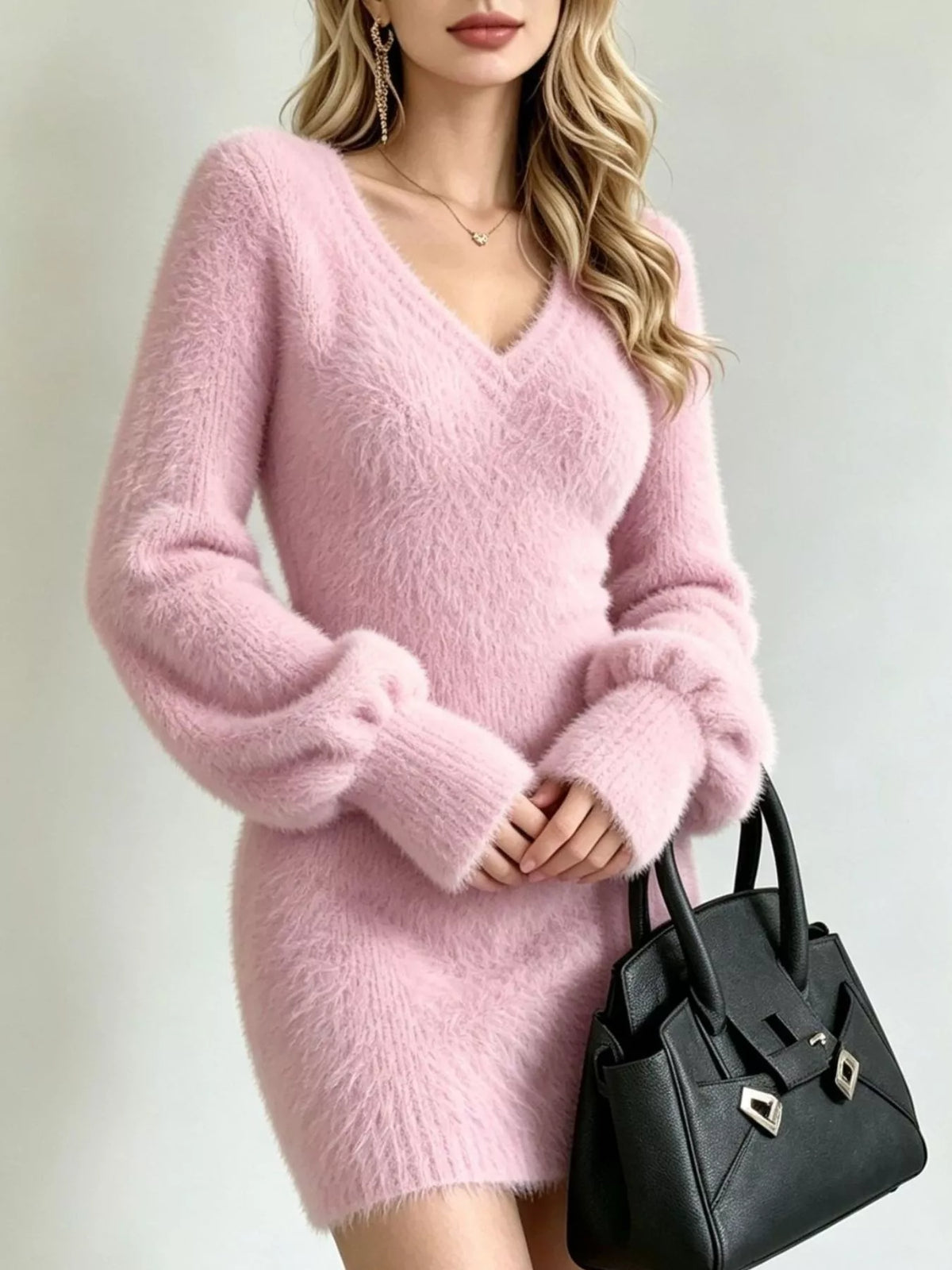 Fuzzy V-Neck Long Sleeve Sweater Dress - alternate view 3