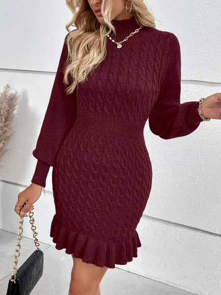 Cable Knit Mock Neck Ruffle Hem Sweater Dress