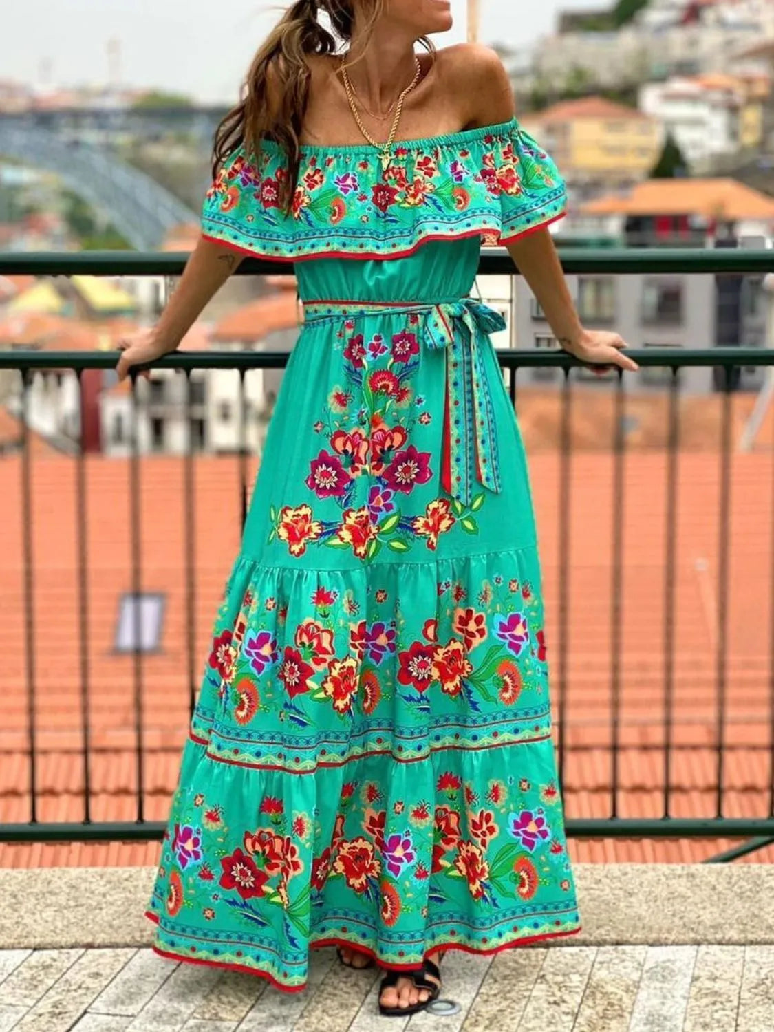 Floral Off Shoulder Ruffle Maxi Dress - alternate view 11