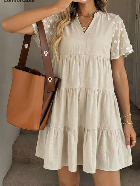 Casual Tiered Mini Dress with Swiss Dot Sleeves - alternate view 1