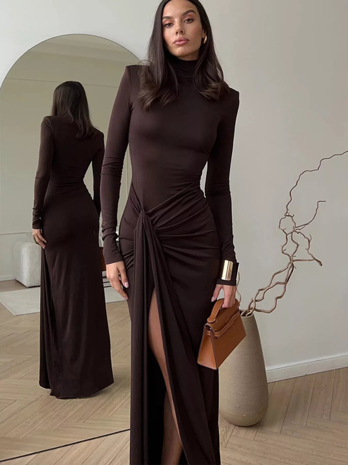 Turtleneck Long Sleeve Tie Waist Maxi Dress - alternate view 4
