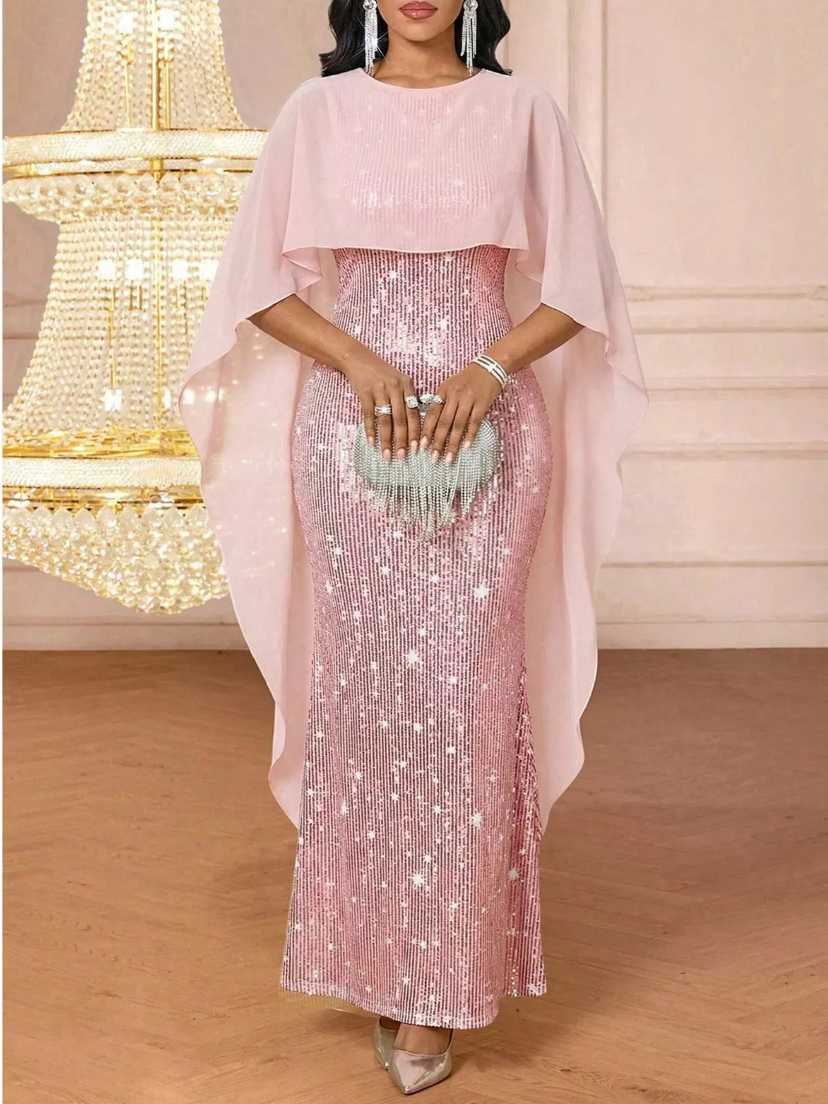 Sequin Cape Overlay Evening Dress - alternate view 4