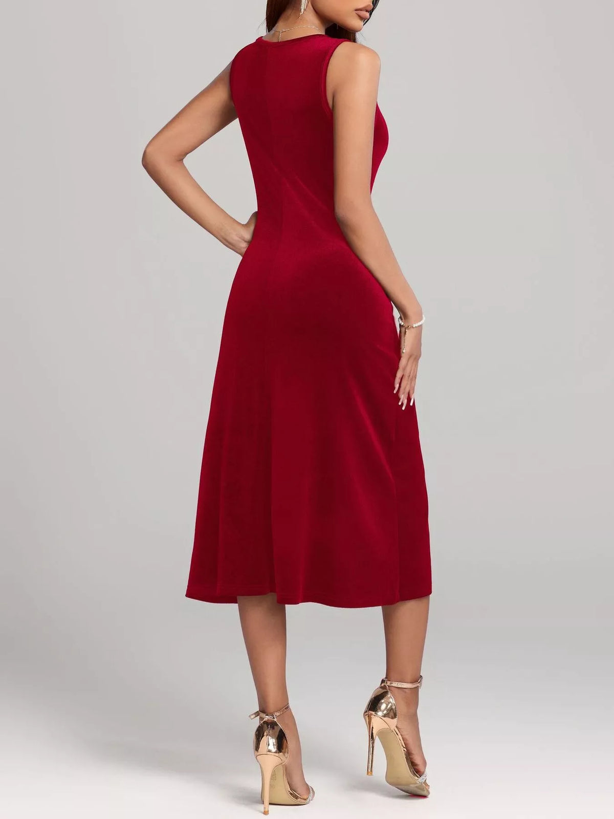 Round Neck Sleeveless Velvet A-Line Midi Dress - alternate view 7
