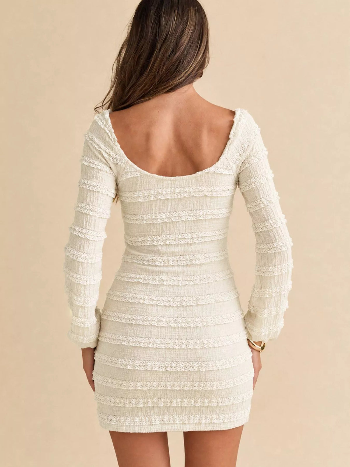 Textured Long-Sleeve Bodycon Mini Dress with Tie-Front - alternate view 5