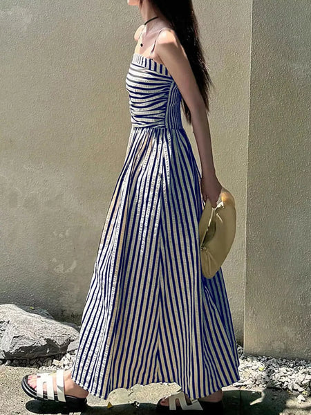 Striped Spaghetti Strap A-Line Maxi Dress - alternate view 7