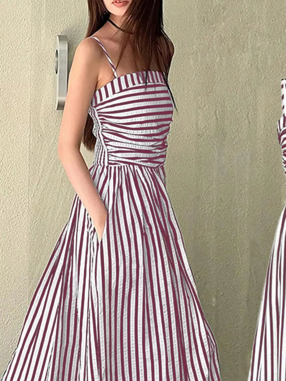 Striped Spaghetti Strap A-Line Maxi Dress - alternate view 10