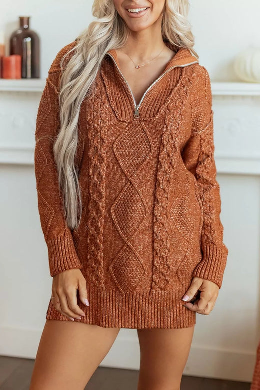 Zip-Up Cable Knit Drop Shoulder Sweater Dress - alternate view 2