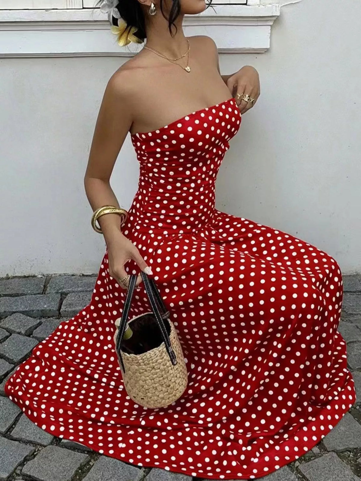 Strapless Polka Dot Ruched Maxi Dress - alternate view 17
