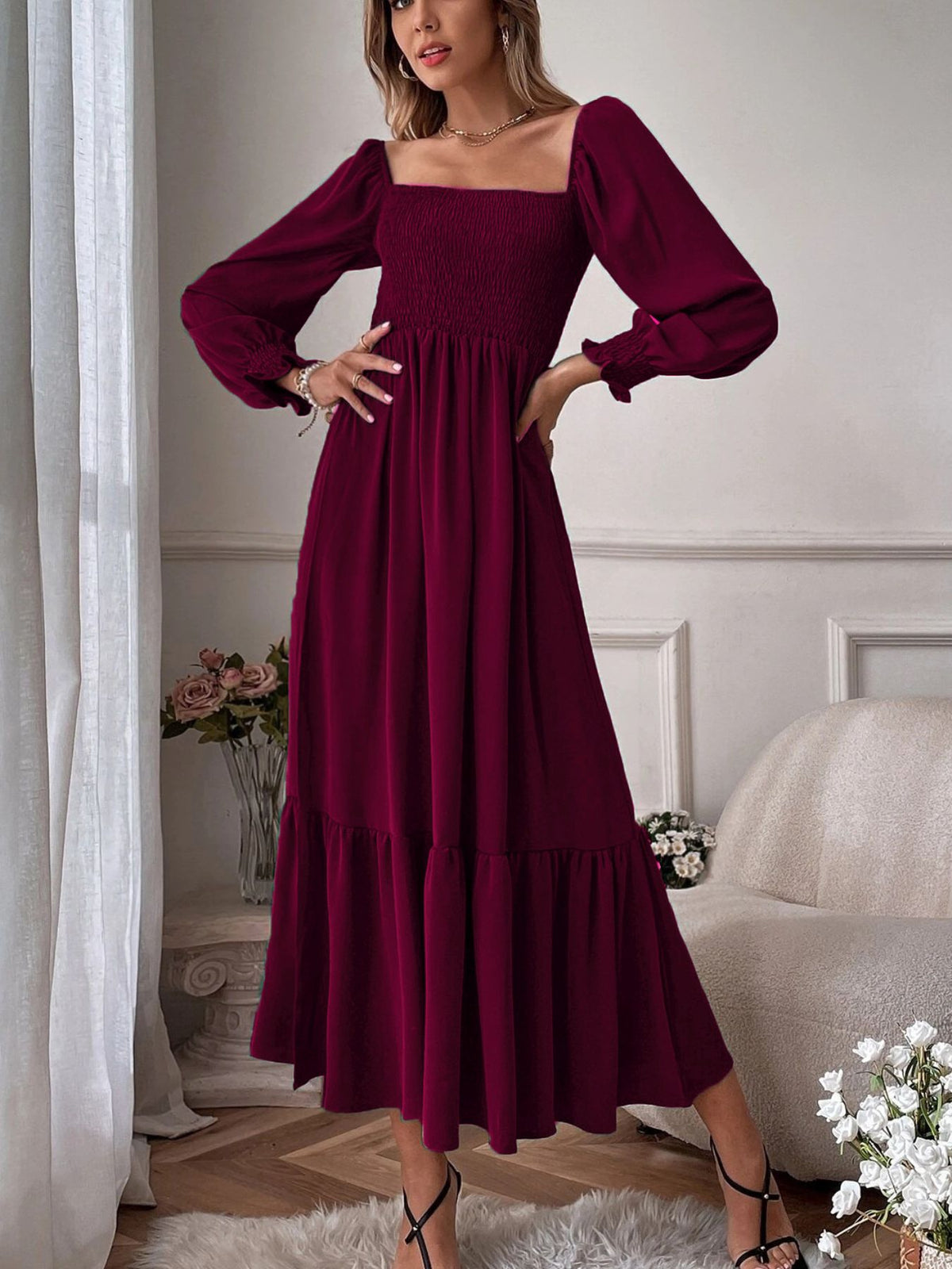 Smocked Long Sleeve Midi Dress - alternate view 17