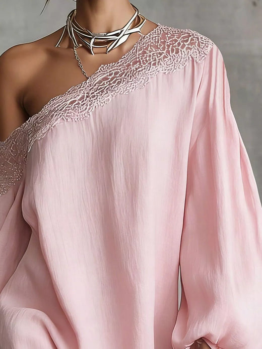 One-Shoulder Lace Trimmed Puff Sleeve Mini Dress - alternate view 2