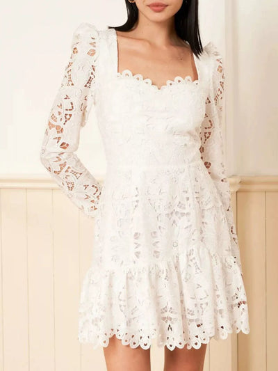 Lace Long-Sleeve Mini Dress with Scalloped Neckline