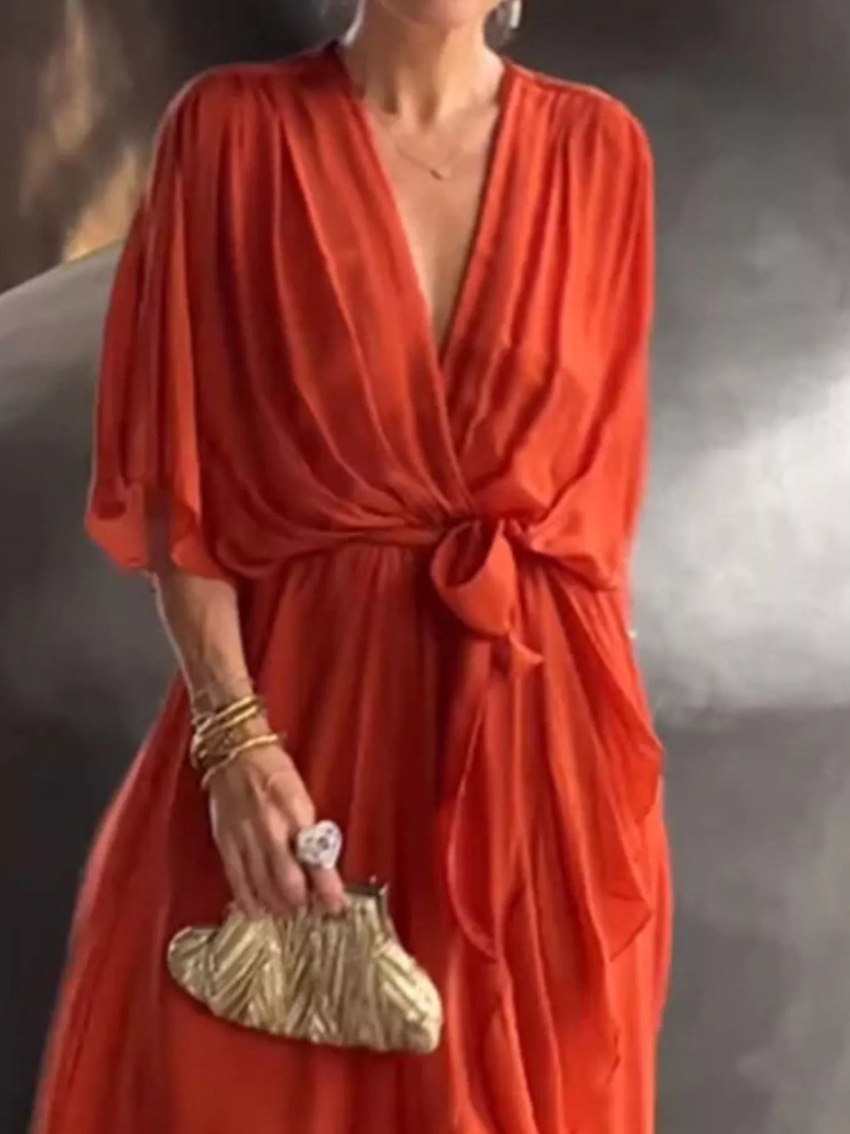 Full Size Chiffon Wrap Dress with Flutter Sleeves Plus Size - alternate view 8