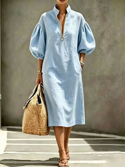 Half-Zip Puff Sleeve Midi Dress