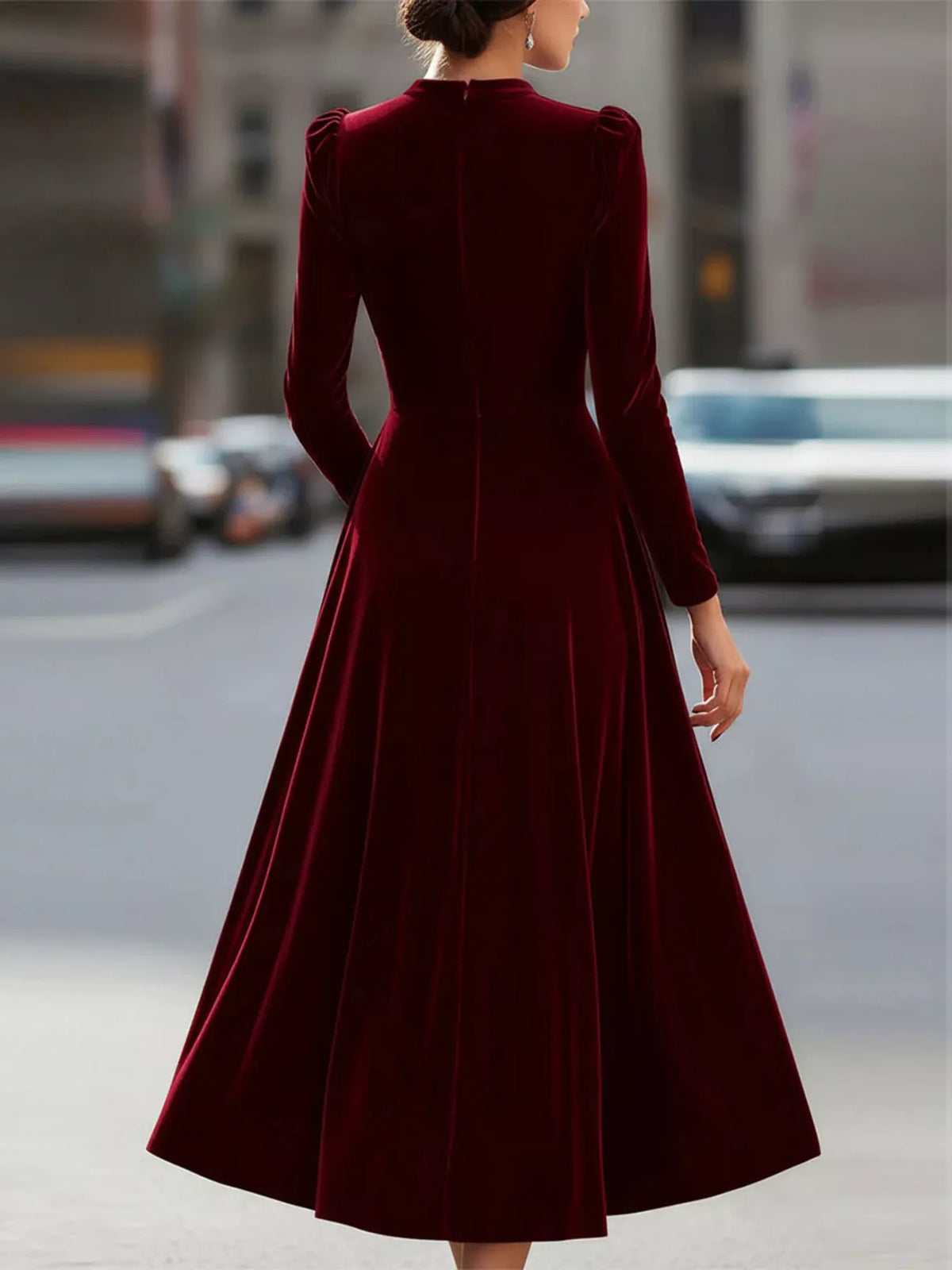 Velvet Long Sleeve A-Line Dress - alternate view 6