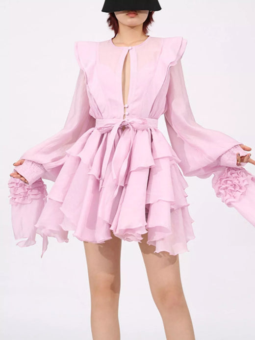 Ruffled Layered Long Sleeve Mini Dress - alternate view 2