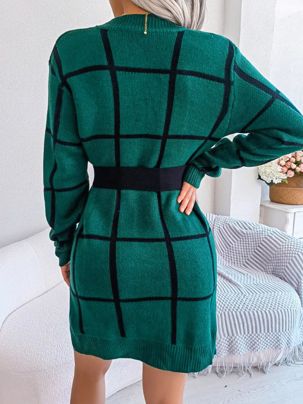 Plaid Round Neck Dropped Shoulder Sweater Dress - alternate view 3