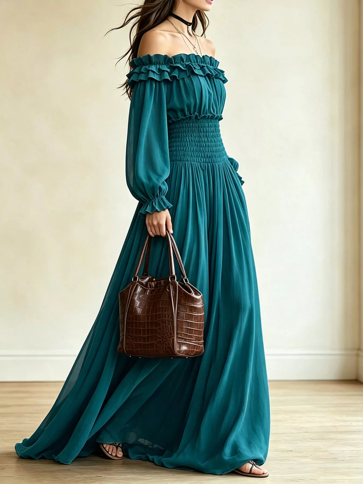 Full Size Off-Shoulder Ruffled Smocked Waist Maxi Dress with Pockets Plus Size - alternate view 9