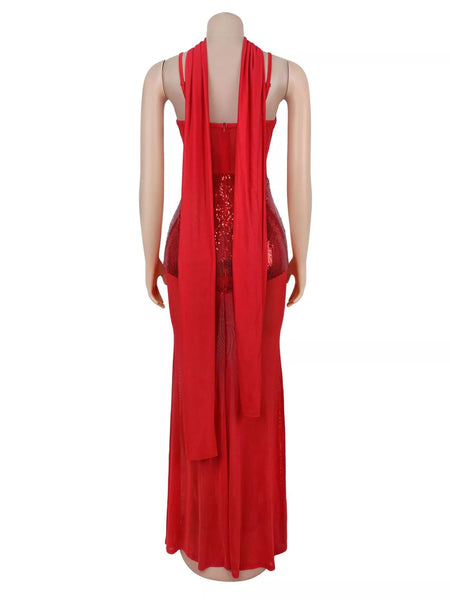 Sequin V-Neck Sheer Mesh Sleeveless Maxi Dress - alternate view 8